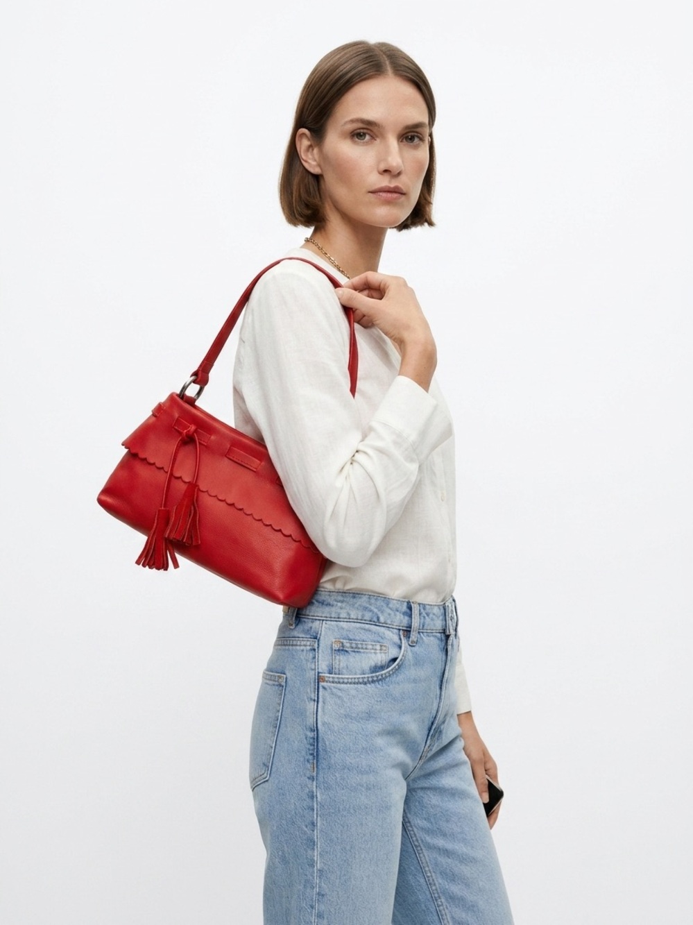 Furla Red Scalloped Leather Shoulder Bag